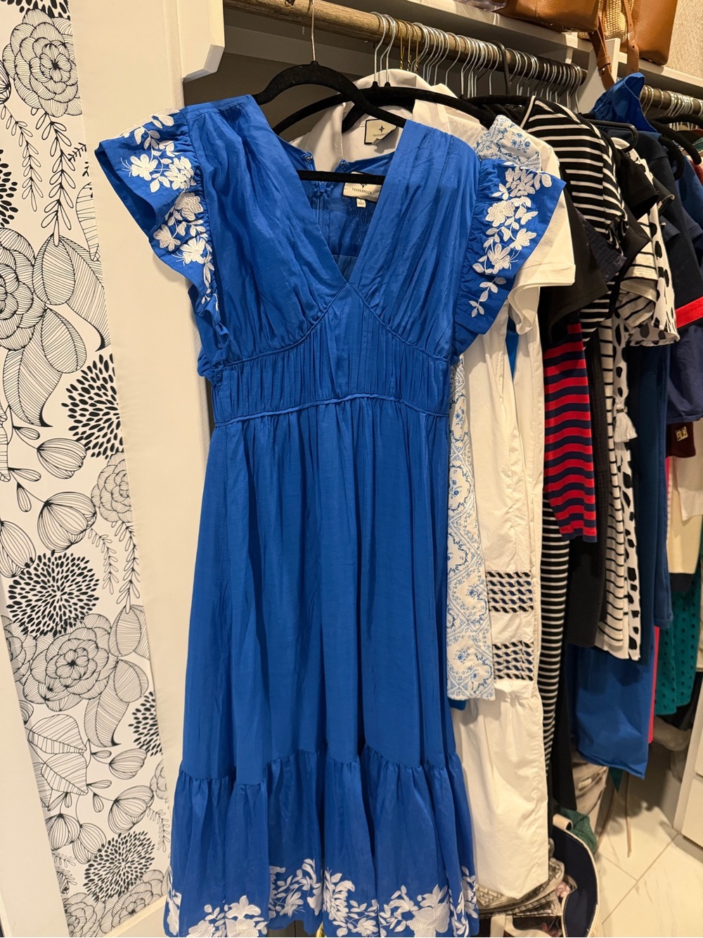 Tuckernuck Blue Embroidered V-Neck Midi Dress